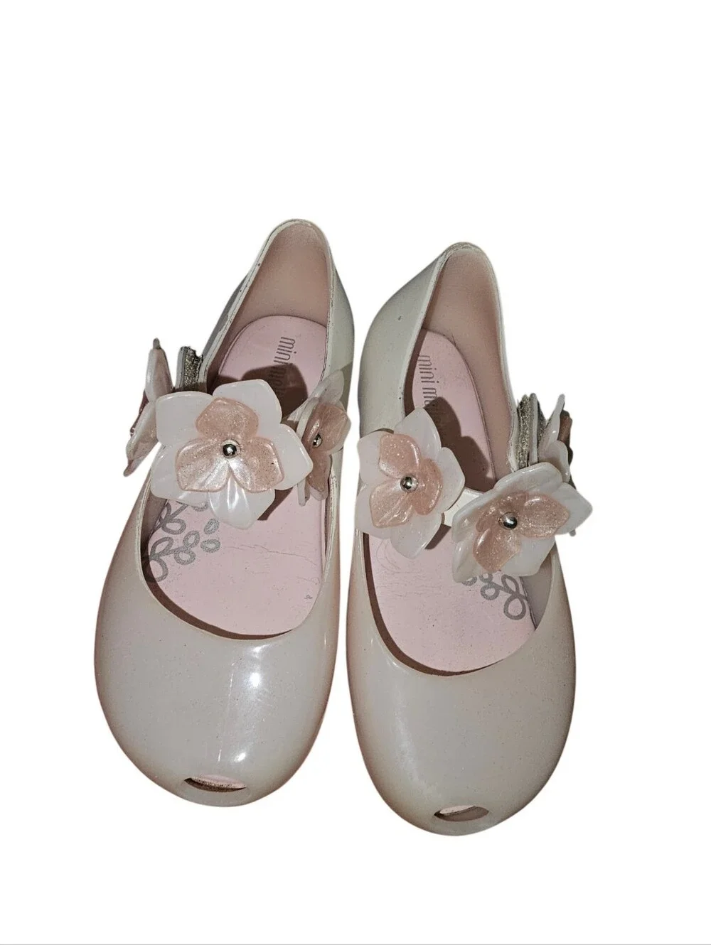 Mini Melissa Girls' Cream Pink Flower Jelly Mary Janes
